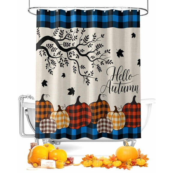 Fall Shower Curtain Plaid Pumpkin Bathroom Curtains with Hooks, Waterproof Fabric Maple Leaf Blue Linen Plaid Hello Autumn Thanksgiving Bath Shower Curtains Set for Bathroom Bathtubs 72x72 Inch
