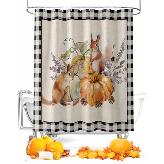 Fall Shower Curtain Pumpkin Black Buffalo Plaid Bathroom Curtains with Hooks, Waterproof Fabric Sunflower Squirrel Thanksgiving Bath Shower Curtains Set for Bathroom Bathtubs Decor 36x72 Inch