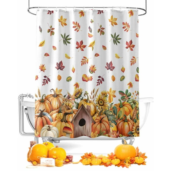 Fall Shower Curtain Pumpkin Chalet Bathroom Curtains with Hooks, Waterproof Fabric Sunflower Fallen Maple Leaves Thanksgiving Bath Shower Curtains Set for Bathroom Bathtubs Decor 72x72 Inch