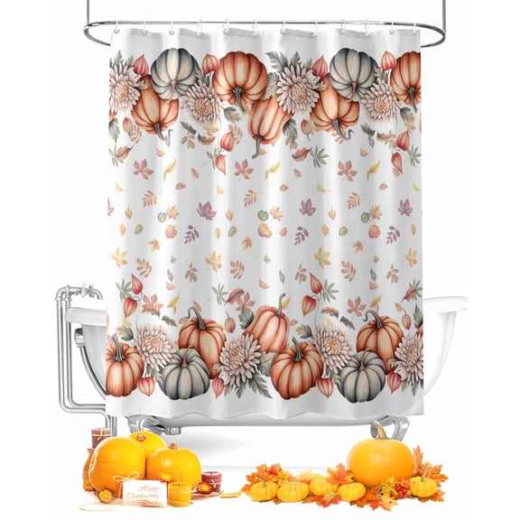 Fall Shower Curtain Pumpkin Dahlia Flower Bathroom Curtains with Hooks, Waterproof Fabric Autumn Maple Leaves Thanksgiving Bath Shower Curtains Set for Bathroom Bathtubs Decor 72x72 Inch