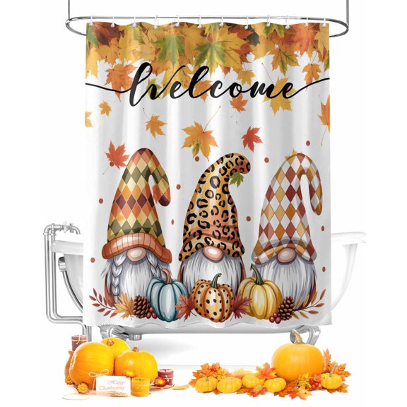 Fall Shower Curtain Pumpkin Gnome Bathroom Curtains with Hooks, Waterproof Fabric Maple Leaves Welcome Thanksgiving Bath Shower Curtains Set for Bathroom Bathtubs Decor 72x72 Inch