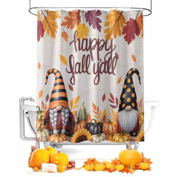 Fall Shower Curtain Pumpkin Gnomes Bathroom Curtains with Hooks, Waterproof Fabric Sunflower Fallen Maple Leaves Thanksgiving Bath Shower Curtains Set for Bathroom Bathtubs Decor 72x72 Inch