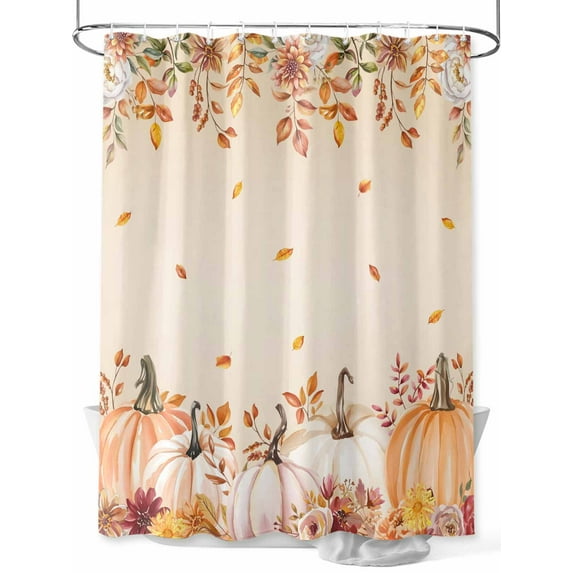 Fall Shower Curtain Pumpkin Leaves Flowers Shower Curtains for Bathroom Thanksgiving Decor, Waterproof Polyester Shower Curtain Set with Hooks, Standard Size 72" x 72" Pink Orange Pumpkin