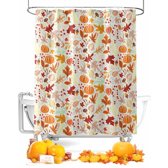 Fall Shower Curtain Pumpkin Maple Leaf Bathroom Curtains with Hooks, Waterproof Fabric Autumn Leaves Thanksgiving Bath Shower Curtains Set for Bathroom Bathtubs Decor 72x72 Inch