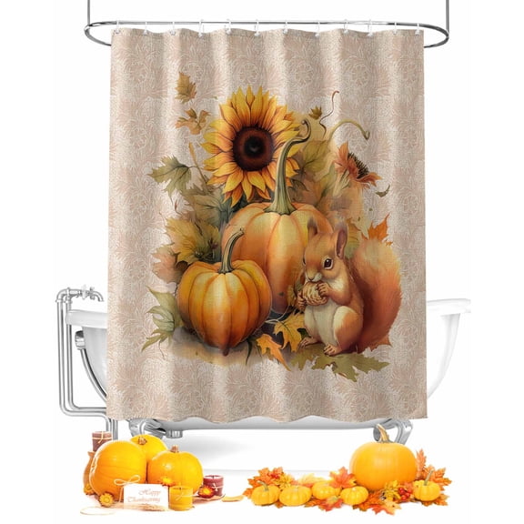 Fall Shower Curtain Pumpkin Maple Leaf Sunflower Bathroom Curtains with Hooks, Waterproof Fabric Squirrel Thanksgiving Bath Shower Curtains Set for Bathroom Bathtubs Decor 36x72 Inch