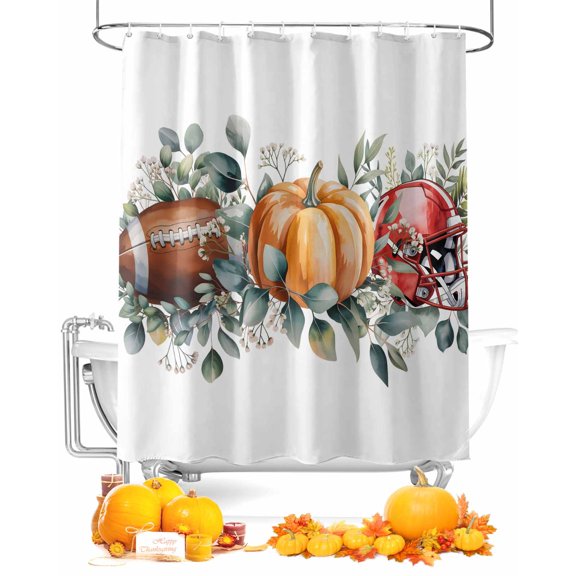 Fall Shower Curtain Pumpkin Rugby Helmet Bathroom Curtains with Hooks, Waterproof Fabric Green Eucalyptus Leaves Thanksgiving Bath Shower Curtains Set for Bathroom Bathtubs Decor 72x72 Inch