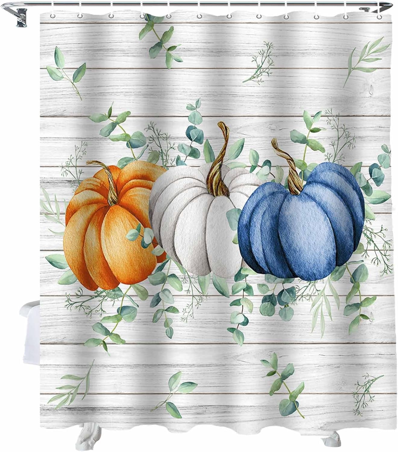Fall Shower Curtain Pumpkin Shower Curtains for Bathroom Eucalyptus Leaves White Wood Grain Bath Curtains Sets with Hooks for Autumn Thanksgiving Seasonal Decor Polyester Waterproof Standard 72" X 72"