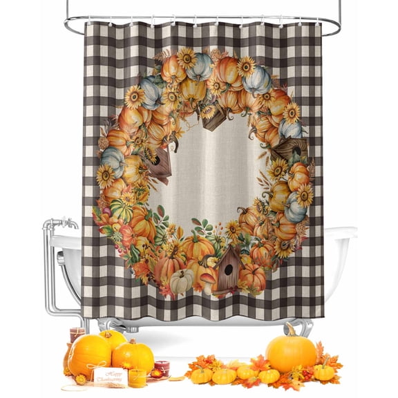 Fall Shower Curtain Pumpkins Chalet Mushrooms Bathroom Curtains with Hooks, Waterproof Fabric Leaves Buffalo Plaid Thanksgiving Bath Shower Curtains Set for Bathroom Bathtubs Decor 72x72 Inch