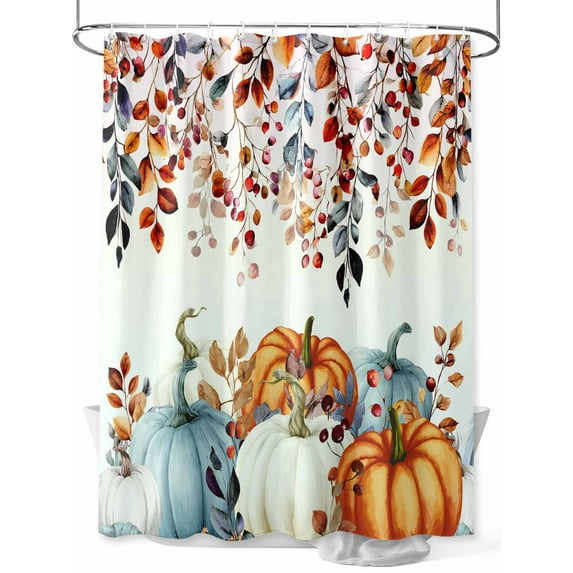 Fall Shower Curtain Pumpkins Eucalyptus Leaves Shower Curtains for Bathroom Thanksgiving Decor, Waterproof Polyester Shower Curtain Set with Hooks, Stall Long Size 54"x78" Berry Leaf