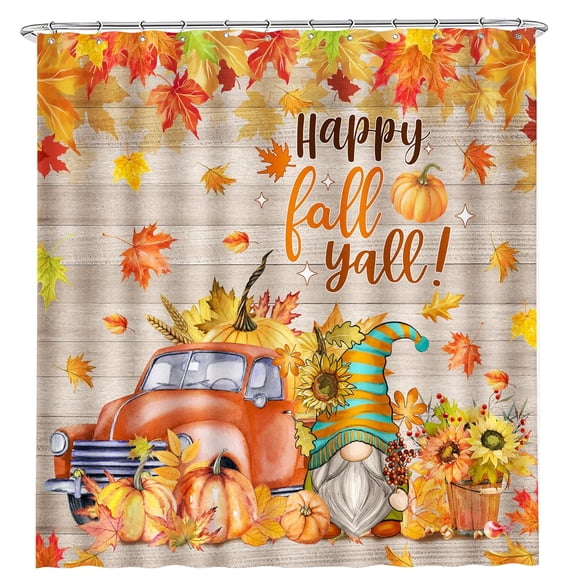 Fall Shower Curtain, Pumpkins Shower Curtain for Bathroom, Happy Fall Yall Harvest with Maple Leaves Waterproof Bath Curtain with Hooks for Home, 72x72 inch