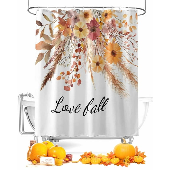 Fall Shower Curtain Reed Maple Leaves Bathroom Curtains with Hooks, Waterproof Fabric Love Fall Floral Thanksgiving Bath Shower Curtains Set for Bathroom Bathtubs Decor 72x72 Inch