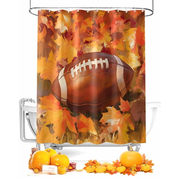 Fall Shower Curtain Rugby Bathroom Curtains with Hooks, Waterproof Fabric Ball Maple Leaves Thanksgiving Bath Shower Curtains Set for Bathroom Bathtubs Decor 72x72 Inch