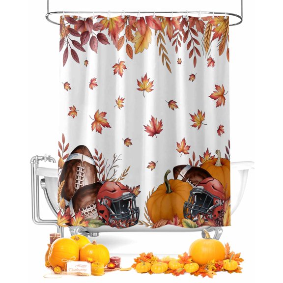 Fall Shower Curtain Rugby Helmet Bathroom Curtains with Hooks, Waterproof Fabric Autumn Pumpkin Maple Leaves Thanksgiving Bath Shower Curtains Set for Bathroom Bathtubs Decor 72x72 Inch