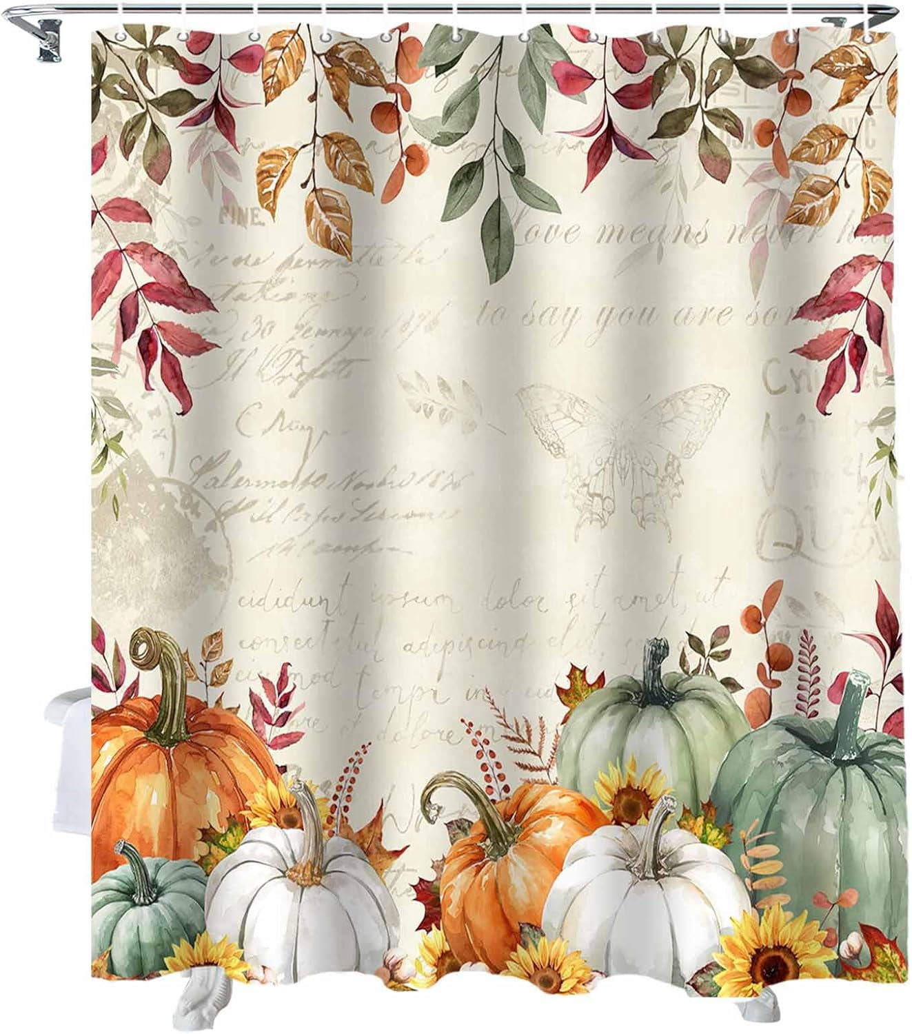 Fall Shower Curtain Sage Green Pumpkin Shower Curtains for Bathroom Sunflower Eucalyptus Leaves Retro Bath Curtains Sets with Hooks for Autumn Thanksgiving Seasonal Decor Extra Long 84" X 72"
