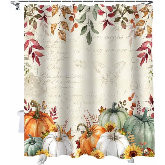 Fall Shower Curtain Sage Green Pumpkin Shower Curtains for Bathroom Sunflower Eucalyptus Leaves Retro Bath Curtains Sets with Hooks for Autumn Thanksgiving Seasonal Decor Waterproof Standard 72" X 72"