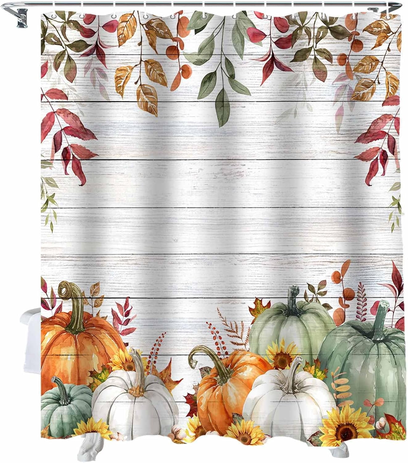 Fall Shower Curtain Sage Green Pumpkin Shower Curtains for Bathroom Sunflower Eucalyptus Leaves Wood Grain Bath Curtains Sets with Hooks for Autumn Thanksgiving Seasonal Decor Standard 72" X 72"