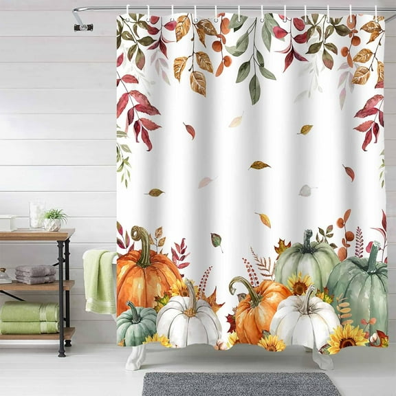 Fall Shower Curtain Sage Green Pumpkin Shower Curtains for Bathroom Sunflower Floral Eucalyptus Leaves Bath Curtains Sets with Hooks for Autumn Thanksgiving Seasonal Decor Extra Long 72" X 84"