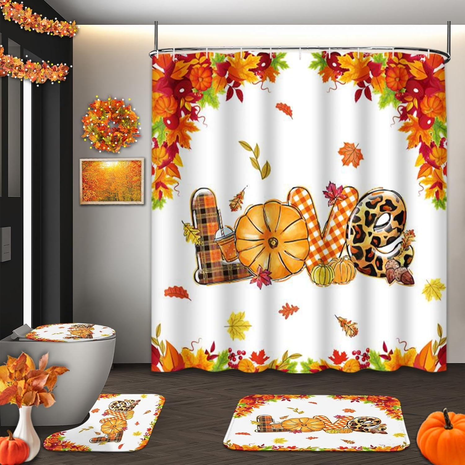 Fall Shower Curtain Set with Toilet Lid Cover and Non-Slip Rugs, Orange ...