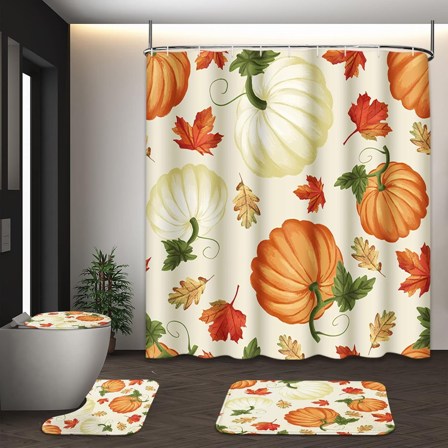 Fall Shower Curtain Set with Toilet Lid Cover and Non-Slip Rugs, Orange Falling Maple Leaves 4 ...