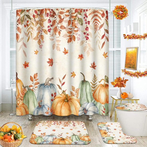 Fall Shower Curtain Sets with Toilet Lid Cover and Non-Slip Rugs, Vintage Pumpkins Maple Leaves Autumn Thanksgiving 4 Pcs Shower Curtains for Bathroom Decor Accessories