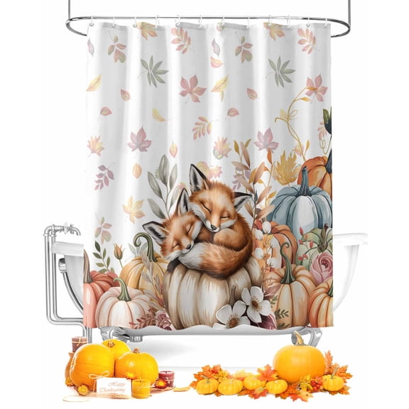 Fall Shower Curtain Sleeping Fox Bathroom Curtains with Hooks, Waterproof Fabric Floral Pumpkin Maple Leaves Thanksgiving Bath Shower Curtains Set for Bathroom Bathtubs Decor 72x72 Inch