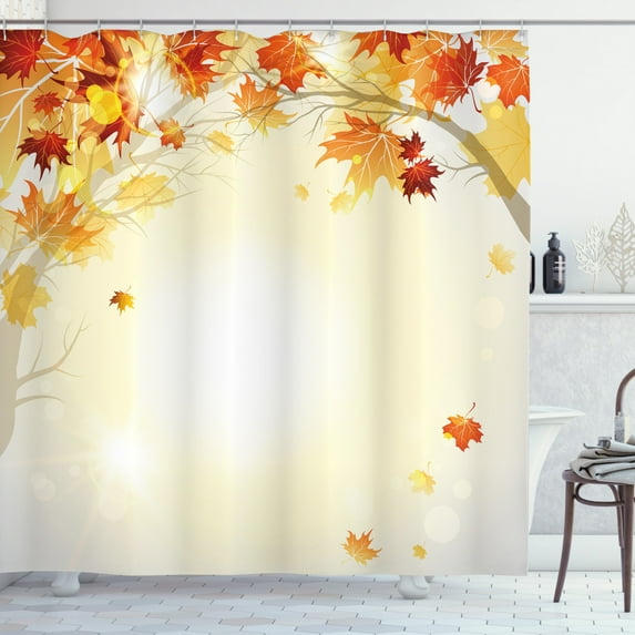 Fall Shower Curtain, Soft Image of Faded Shedding Fall Leaves from Tree Motion in Nature Concept Print, Fabric Bathroom Set with Hooks, 69W X 70L Inches, Multicolor, by Ambesonne