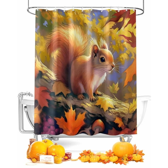 Fall Shower Curtain Squirrel Bathroom Curtains with Hooks, Waterproof Fabric Mushroom Maple Leaves Thanksgiving Bath Shower Curtains Set for Bathroom Bathtubs Decor 72x72 Inch