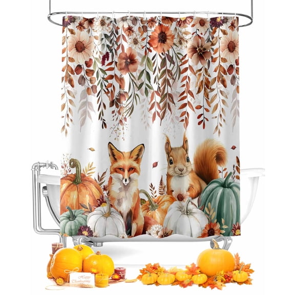 Fall Shower Curtain Squirrel Fox Pumpkin Bathroom Curtains with Hooks, Waterproof Fabric Autumn Floral Leaves Branch Thanksgiving Bath Shower Curtains Set for Bathroom Bathtubs Decor 72x84 Inch
