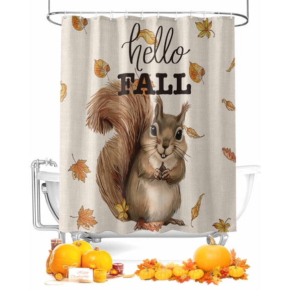 Fall Shower Curtain Squirrel Leaves Bathroom Curtains with Hooks, Waterproof Fabric Hello Fall Beige Thanksgiving Bath Shower Curtains Set for Bathroom Bathtubs Decor 72x72 Inch