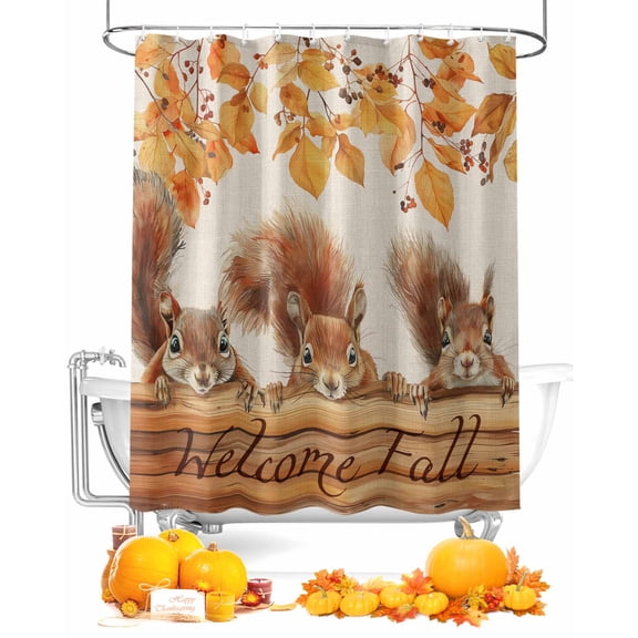 Fall Shower Curtain Squirrel Wood Bathroom Curtains with Hooks, Waterproof Fabric Autumn Leaves Retro Beige Thanksgiving Bath Shower Curtains Set for Bathroom Bathtubs Decor 36x72 Inch