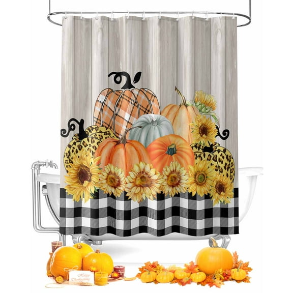 Fall Shower Curtain Sunflower Bathroom Curtains with Hooks, Waterproof Fabric Pumpkin Buffalo Plaid Wood Grain Thanksgiving Bath Shower Curtains Set for Bathroom Bathtubs Decor 72x72 Inch