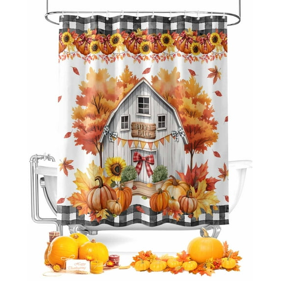 Fall Shower Curtain Sunflower Pumpkin Bathroom Curtains with Hooks, Waterproof Fabric Maple Leaf Black Plaid Thanksgiving Bath Shower Curtains Set for Bathroom Bathtubs Decor 72x72 Inch