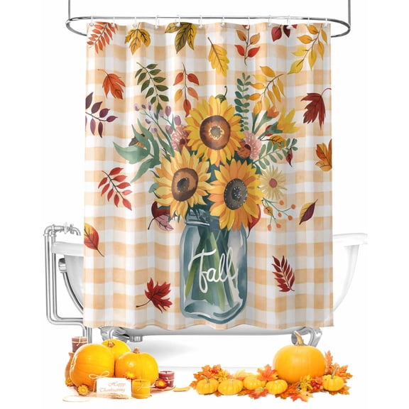 Fall Shower Curtain Sunflower Vase Bathroom Curtains with Hooks, Waterproof Fabric Floral Leaves Orange Plaid Thanksgiving Bath Shower Curtains Set for Bathroom Bathtubs Decor 72x72 Inch