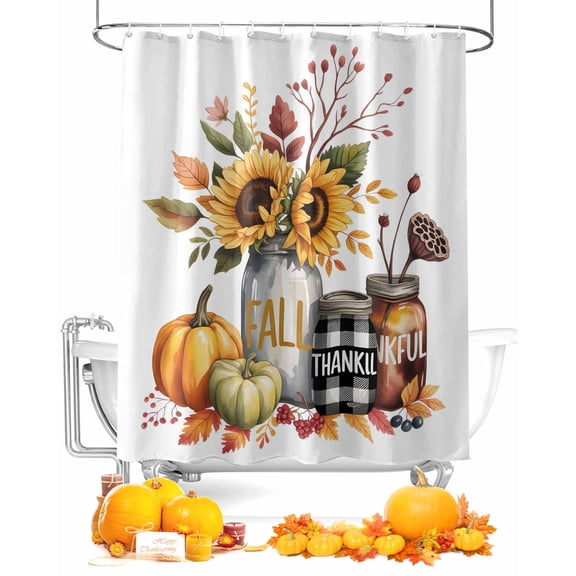 Fall Shower Curtain Sunflower Vase Bathroom Curtains with Hooks, Waterproof Fabric Pumpkin Maple Leaves Thanksgiving Bath Shower Curtains Set for Bathroom Bathtubs Decor 72x72 Inch