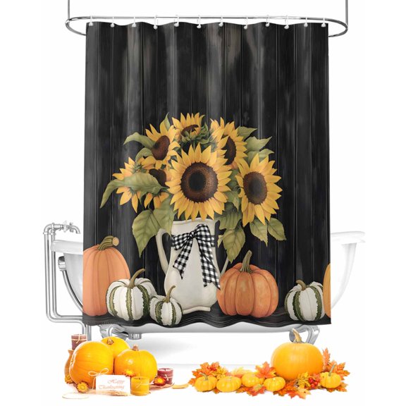 Fall Shower Curtain Sunflower Vase Bathroom Curtains with Hooks, Waterproof Fabric Pumpkin Wood Grain Thanksgiving Bath Shower Curtains Set for Bathroom Bathtubs Decor 72x72 Inch