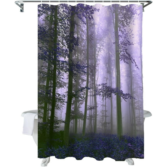 Fall Shower Curtain Sunshine Purple Forest Shower Curtains for Bathroom Trees Mist Bath Curtains Sets with Hooks for Autumn Thanksgiving Seasonal Bathroom Decor Polyester Fabric Waterproof 84 x 72 in