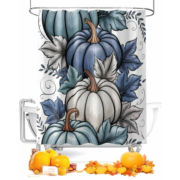 Fall Shower Curtain Teal Blue Pumpkin Bathroom Curtains with Hooks, Waterproof Fabric Autumn Leaves Hello Fall Thanksgiving Bath Shower Curtains Set for Bathroom Bathtubs Decor 36x72 Inch