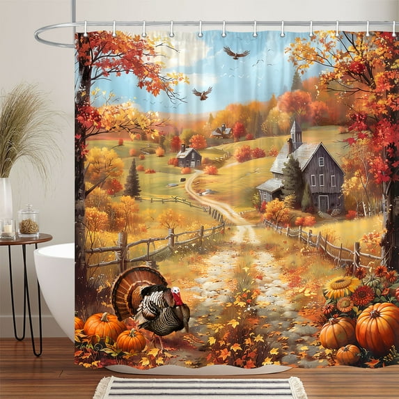 Fall Shower Curtain, Thanksgiving Day Pumpkin Autumn Harvest Country Fields Art Shower Curtain For Bathroom, Vintage Farmhouse Rustic Farm Turkey Fabric Shower Curtain Set with 12PCS Hooks, 70X70IN