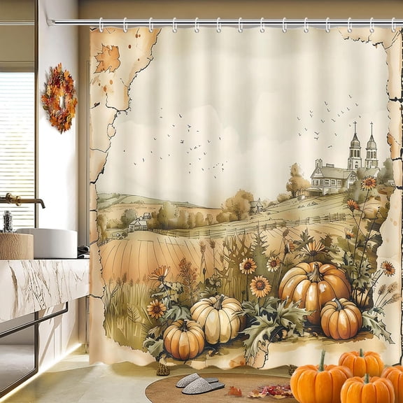 Fall Shower Curtain - Thanksgiving Harvest, Autumn Pumpkin Maple Leaf Farmhouse Bathroom Decor, Waterproof Fabric, 72x72 Inch