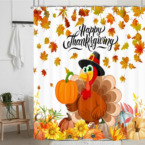 Fall Shower Curtain, Thanksgiving Shower Curtain, Fall Pumpkins Maple Shower Curtain Set, Autumn Sunflower and Turkey Shower Curtain for Bathroom, Holiday Bathtub Decorations with Hooks,70X70in