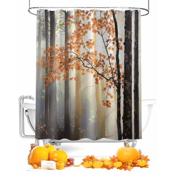 Fall Shower Curtain Tree Maple Leaves Bathroom Curtains with Hooks, Waterproof Fabric Forest Plant Leaves Thanksgiving Bath Shower Curtains Set for Bathroom Bathtubs Decor 72x72 Inch