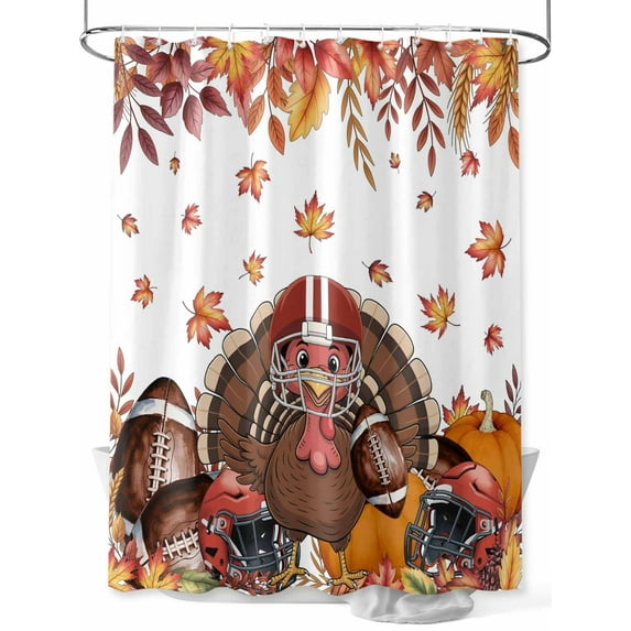 Fall Shower Curtain Turkey Rugby Pumpkin Shower Curtains for Bathroom Thanksgiving Decor, Waterproof Polyester Shower Curtain Set with Hooks, Stall Long 36" x 72" Maple Leaves