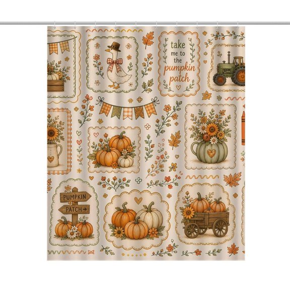 Fall Shower Curtain, Vintage Neutral Cream Duck Farm Cartoon Pumpkin Sunflower Fall Waterproof Shower Curtain for Farmhouse Master Bath, Autumn Bathroom & Seasonal Harvest Home Decor, 60x71in