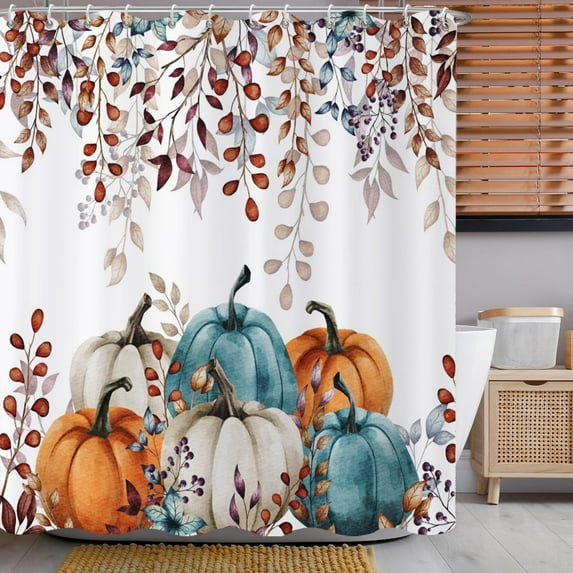 Fall Shower Curtain, Watercolor Autumn Leaves Pumpkins Harvest Fruits Thanksgiving Day Bathroom Curtain Waterproof Fabric Machine Washable with Hooks, 72" Wx84 L