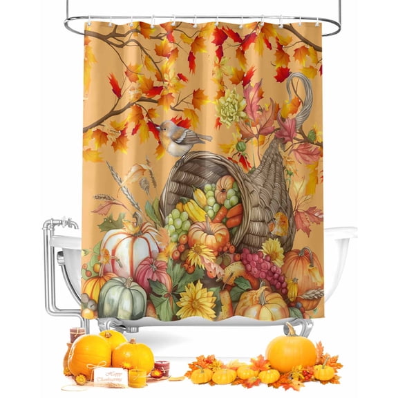 Fall Shower Curtain Watercolor Floral Leaves Pumpkin Bathroom Curtains with Hooks, Waterproof Fabric Fruit Orange Thanksgiving Bath Shower Curtains Set for Bathroom Bathtubs Decor 36x72 Inch