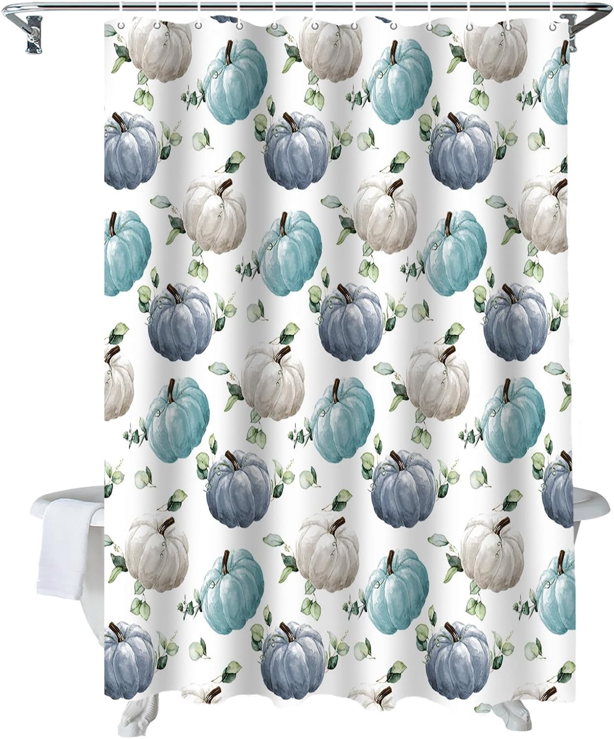 Fall Shower Curtain Watercolor Pumpkin Blue White Shower Curtains for Bathroom Green Eucalyptus Leaves Bath Curtains Sets for Autumn Thanksgiving Seasonal Bathroom Decor Fabric Waterproof 72 x 72 in