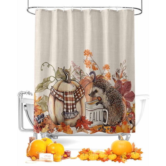 Fall Shower Curtain Watercolor Pumpkin Hedgehog Bathroom Curtains with Hooks, Waterproof Fabric Autumn Leaf Thanksgiving Bath Shower Curtains Set for Bathroom Bathtubs Decor 72x72 Inch