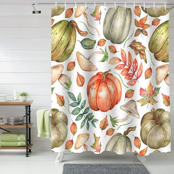Fall Shower Curtain Watercolor Pumpkin Mushroom Shower Curtains for Bathroom Autumn Leaf Bath Curtains Sets for Autumn Thanksgiving Seasonal Bathroom Decor Polyester Fabric Waterproof 36 x 72 in