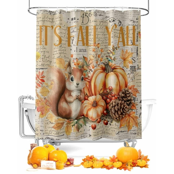 Fall Shower Curtain Watercolor Squirrel Pine Cone Bathroom Curtains with Hooks, Waterproof Fabric Maple Leaf Plant Retro Thanksgiving Bath Shower Curtains Set for Bathroom Bathtubs Decor 72x72 Inch