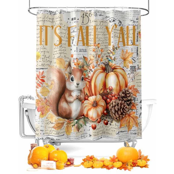 Fall Shower Curtain Watercolor Squirrel Pine Cone Bathroom Curtains with Hooks, Waterproof Fabric Maple Leaf Plant Thanksgiving Bath Shower Curtains Set for Bathroom Bathtubs Decor 36x72 Inch